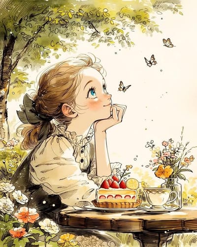 Watercolor Garden Tea Girl