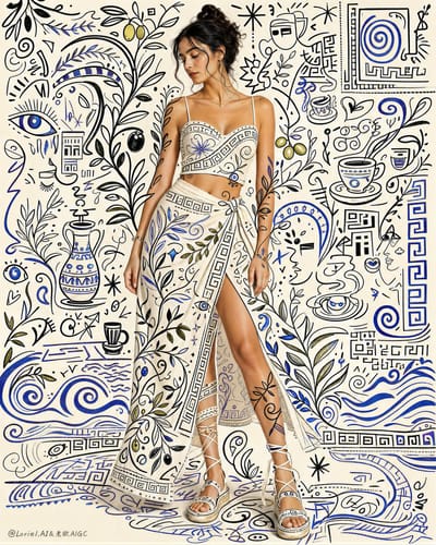 Woman Fused into Mediterranean Doodle Mural