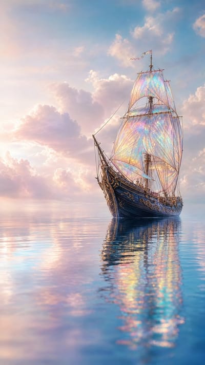Dreamlike Sailing Ship with Iridescent Sails