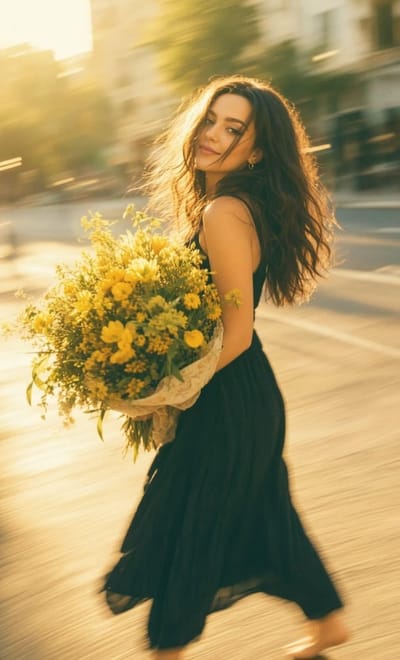 Golden Street Portrait with Bouquet