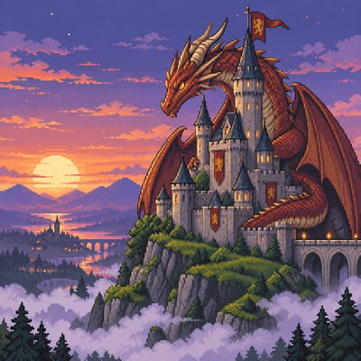 Red Dragon & Castle Pixel Scene