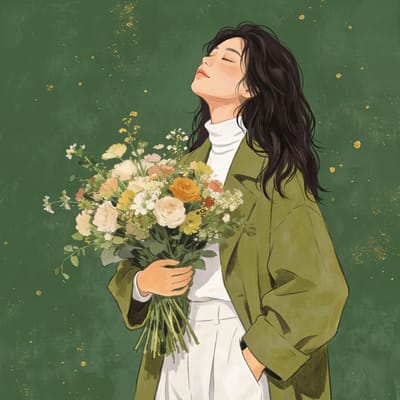 Ghibli-Style Woman with Flower Bouquet