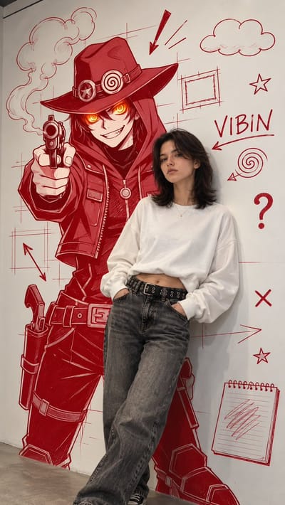 Real Woman Before Anime Mural