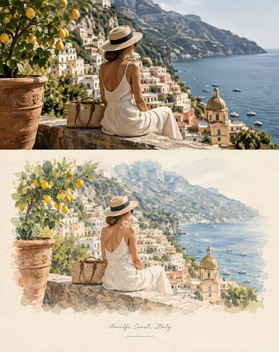 Double-Style Photo-Watercolor Travel Art