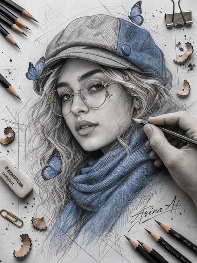 Blue Butterfly Pencil Portrait