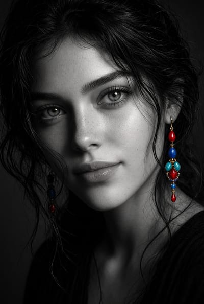 Monochrome Portrait with Color-Pop Earrings
