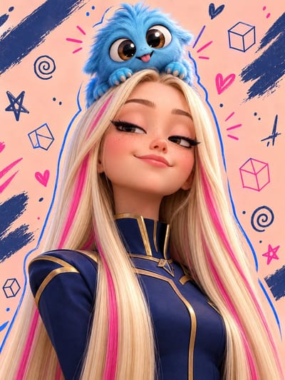 Blonde Girl with Blue Monster