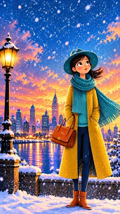 冬日夕阳下的绘本女孩