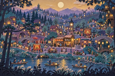 Moonlit Paper Forest with Hidden Cats