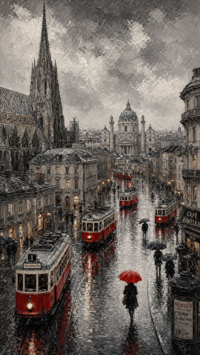 Rua Europeia na Chuva em Óleo