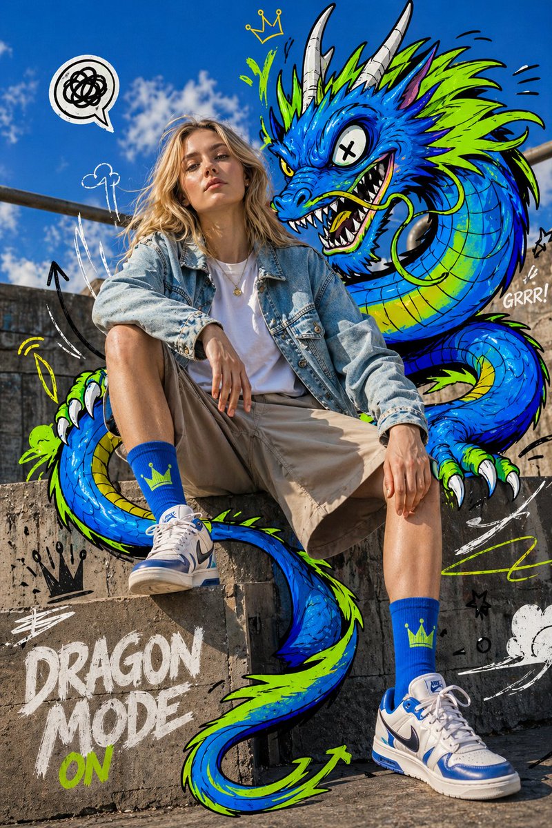 Mixed-Media-Mode-Editorial mit Drache