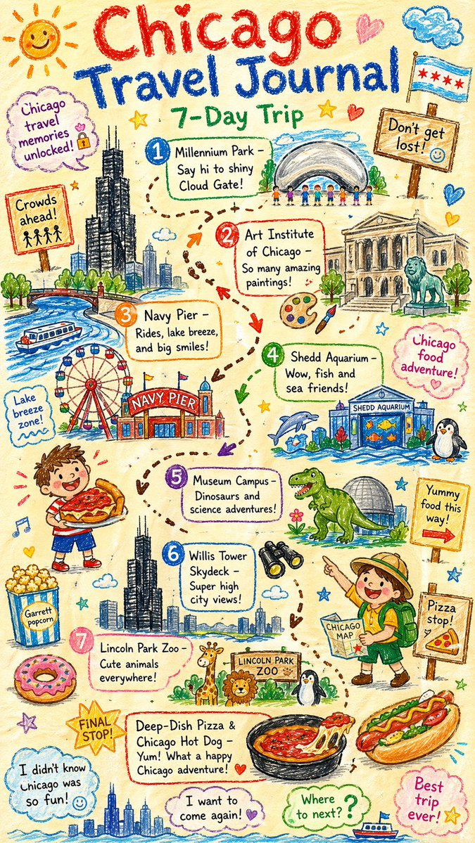 Kindliches Kreide-Reisetagebuch für Chicago
