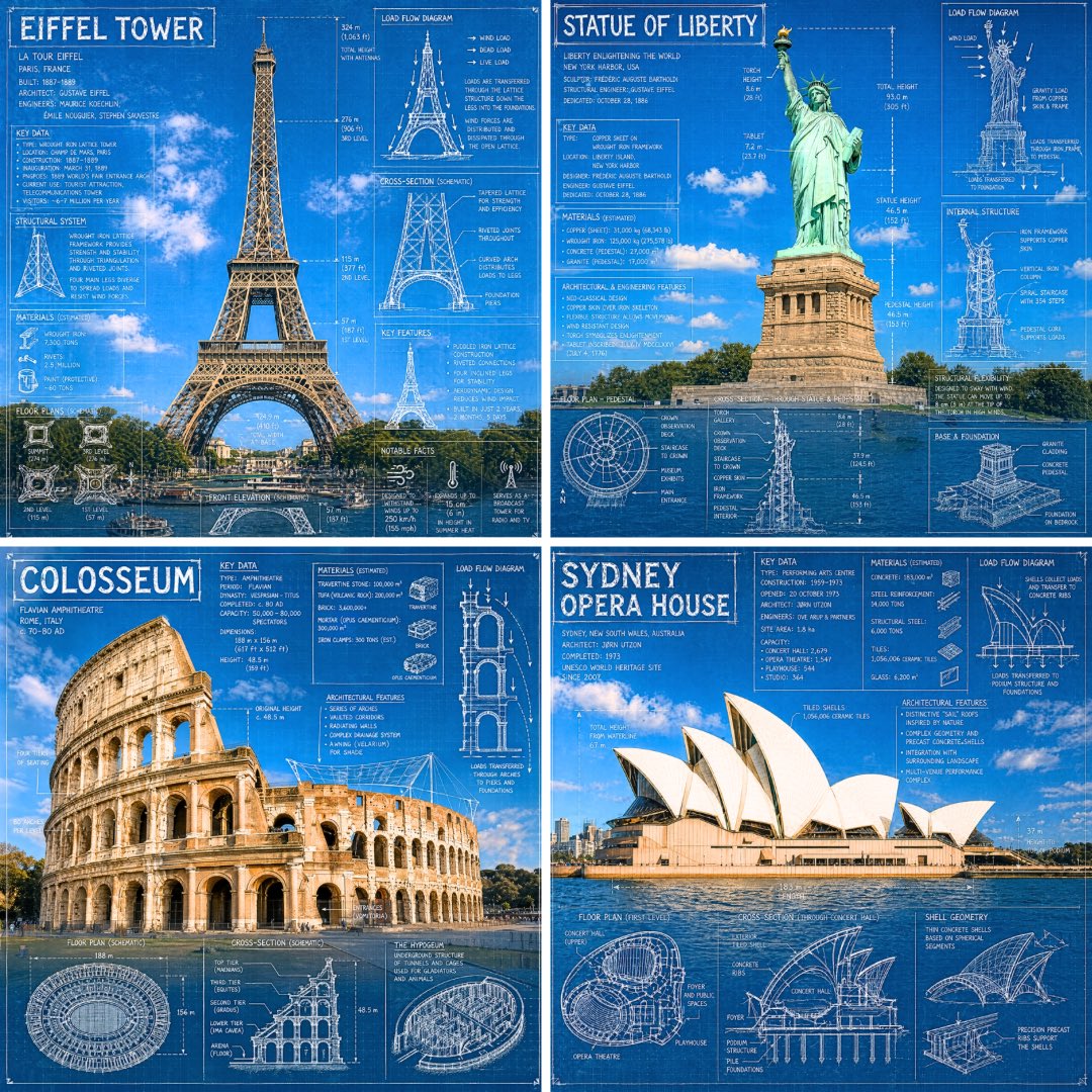 Wahrzeichen-Infografik im Blueprint-Stil