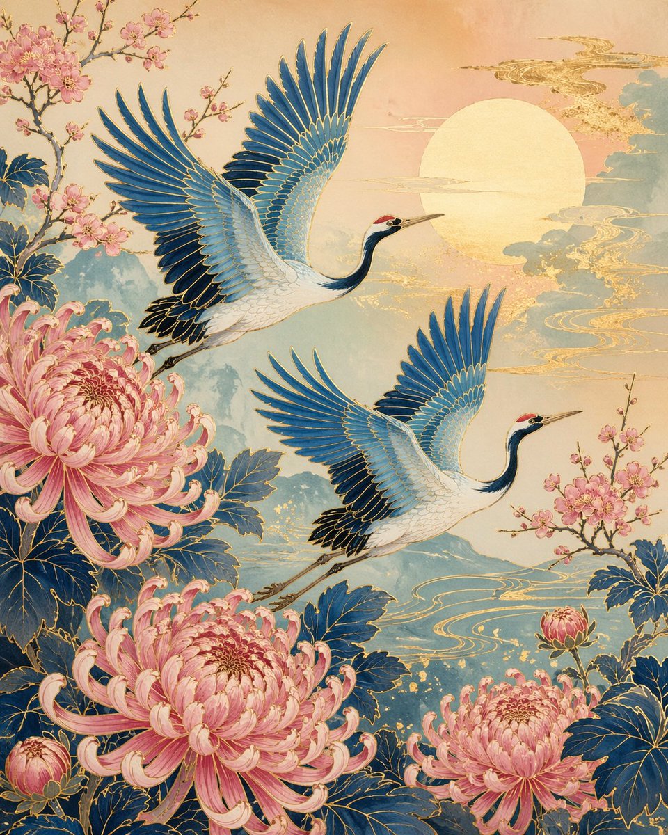 Kraniche und Chrysanthemen im japanischen Stil