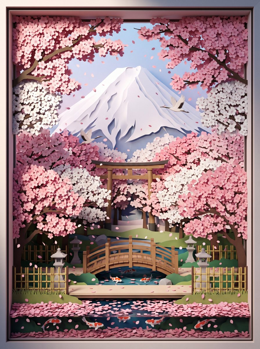 3D-Papier-Diorama des Fuji mit Kirschblüten