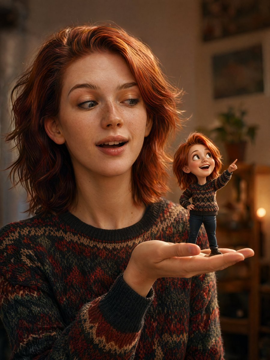Realistisches Porträt mit cartoonhafter 3D-Miniatur