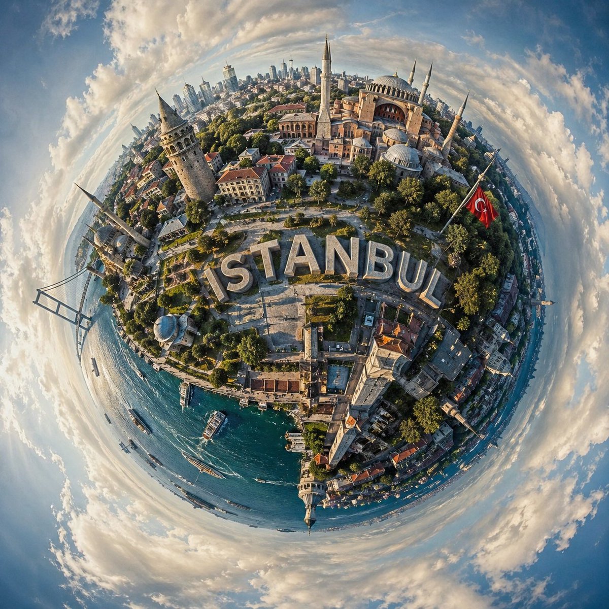 Sphärische Stadtwelt im Tiny-Planet-Stil