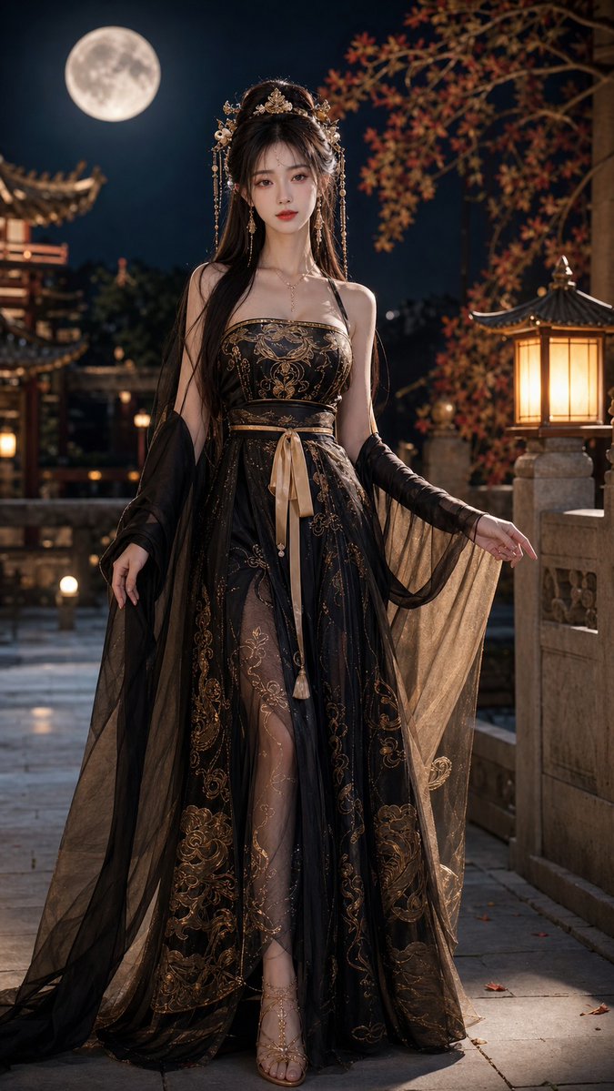 黑金唐制齊胸襦裙漢服寫真