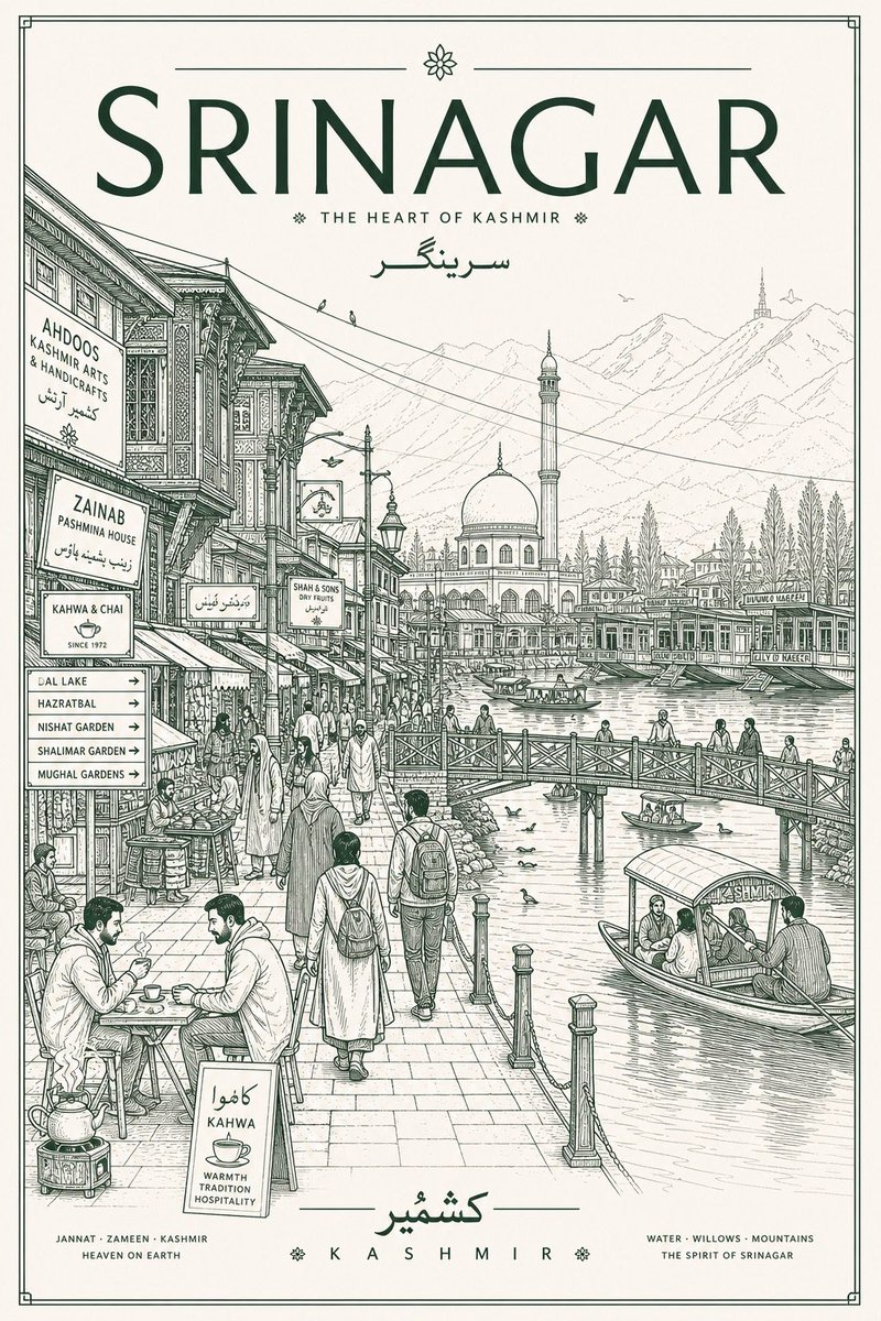 Srinagar Reiseposter im Line-Art-Stil