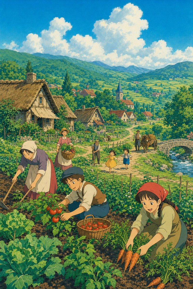 Ländliches Dorf im Ghibli-Stil