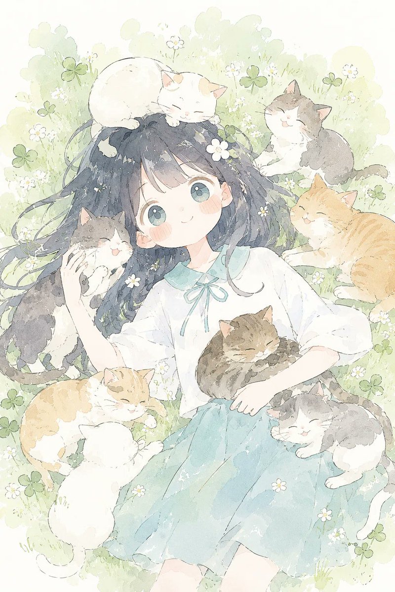 Friedliche Wiese mit Katzen