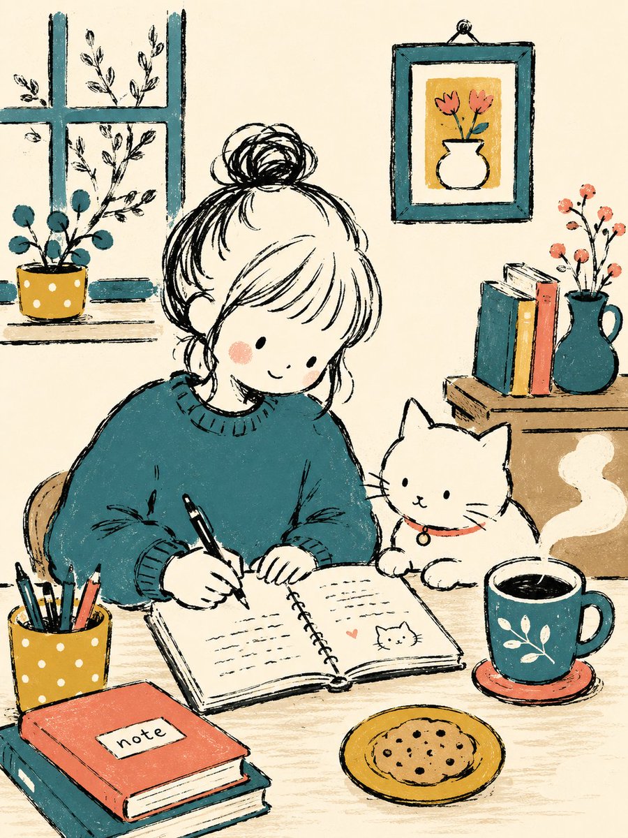 Mädchen und Katze in handgezeichneter Linienkunst