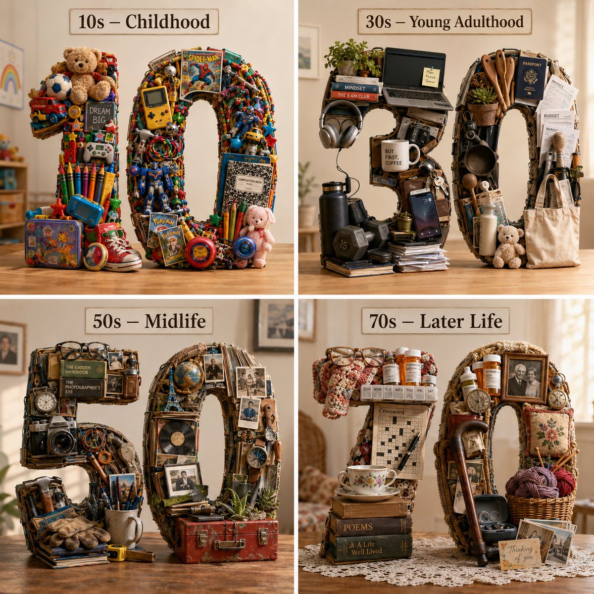 Lebensjahrzehnte als 3D-Typografie