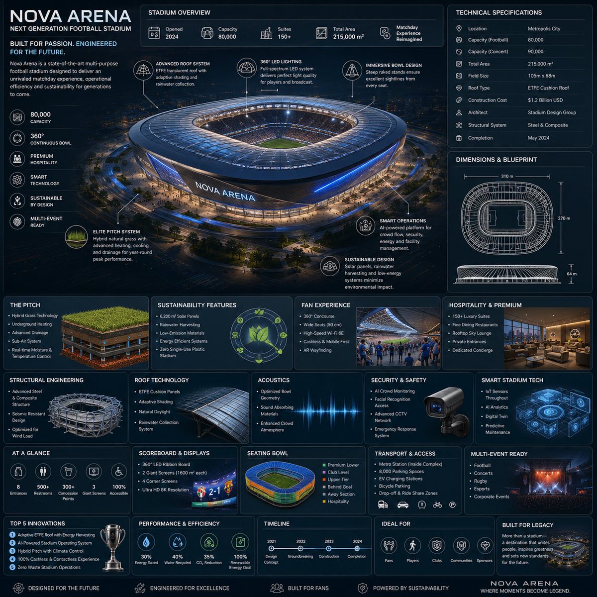 Infográfico Premium de Arquitetura de Estádio de Futebol