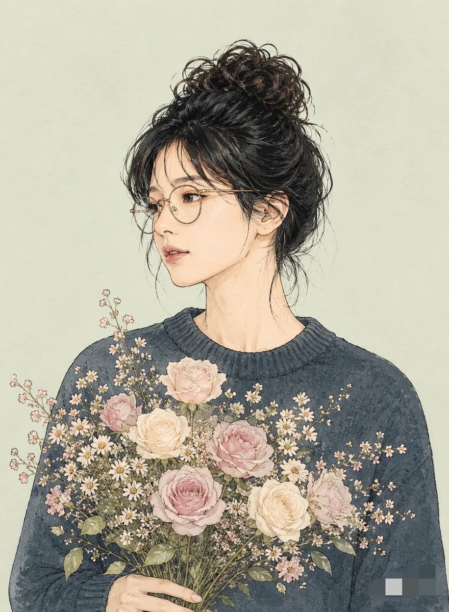 手持花束的線稿肖像