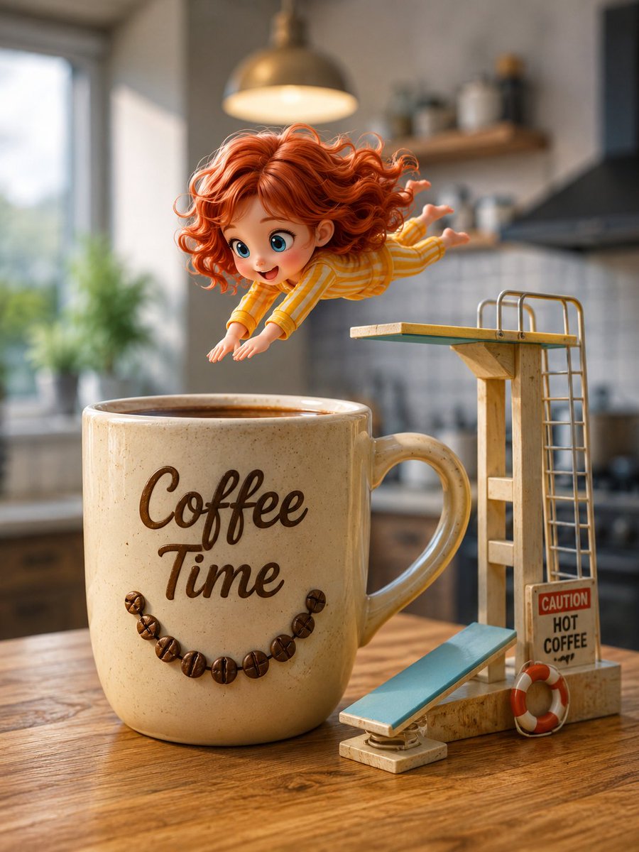 Chibi-Mädchen taucht in Kaffeetasse