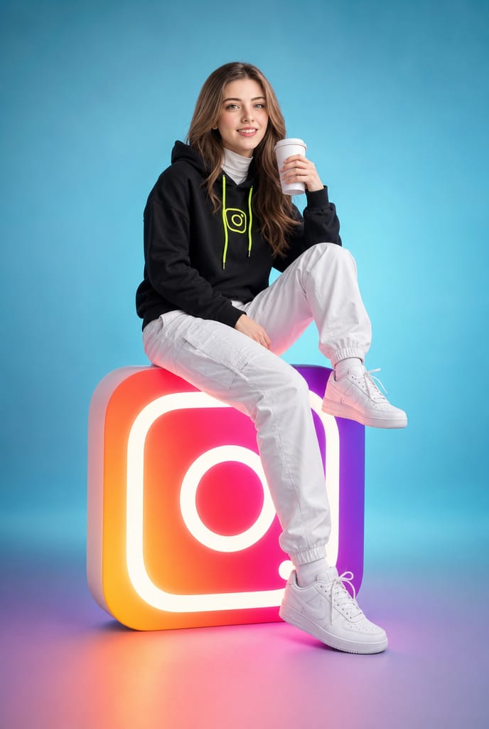 Девушка на светящемся логотипе Instagram