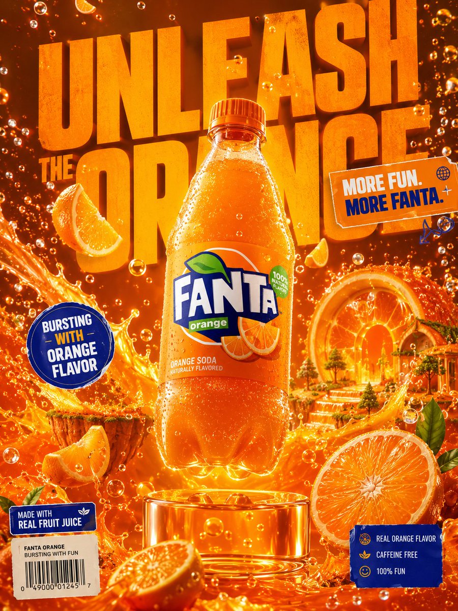 Surreales 3D-Werbeplakat für Fanta Orange
