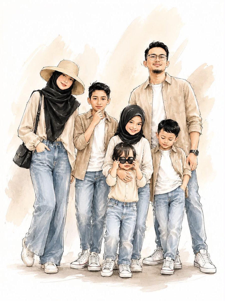 Stilvolle Familie in Aquarell und Tusche