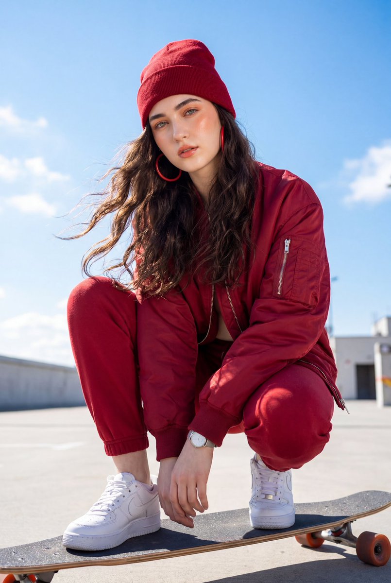 Karmesinrotes Streetwear-Skater-Editorial