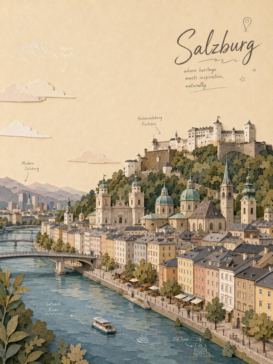 Alpenstadt-Reiseposter im Papercut-Stil