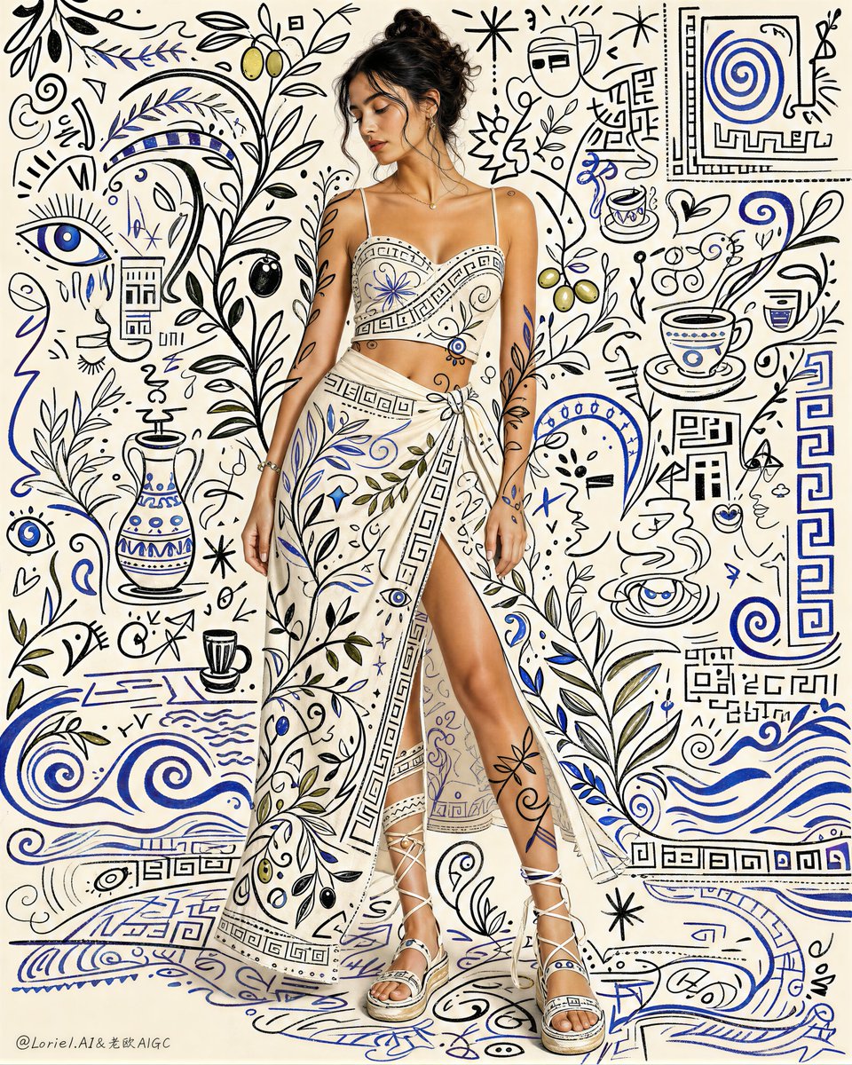 Woman Fused into Mediterranean Doodle Mural