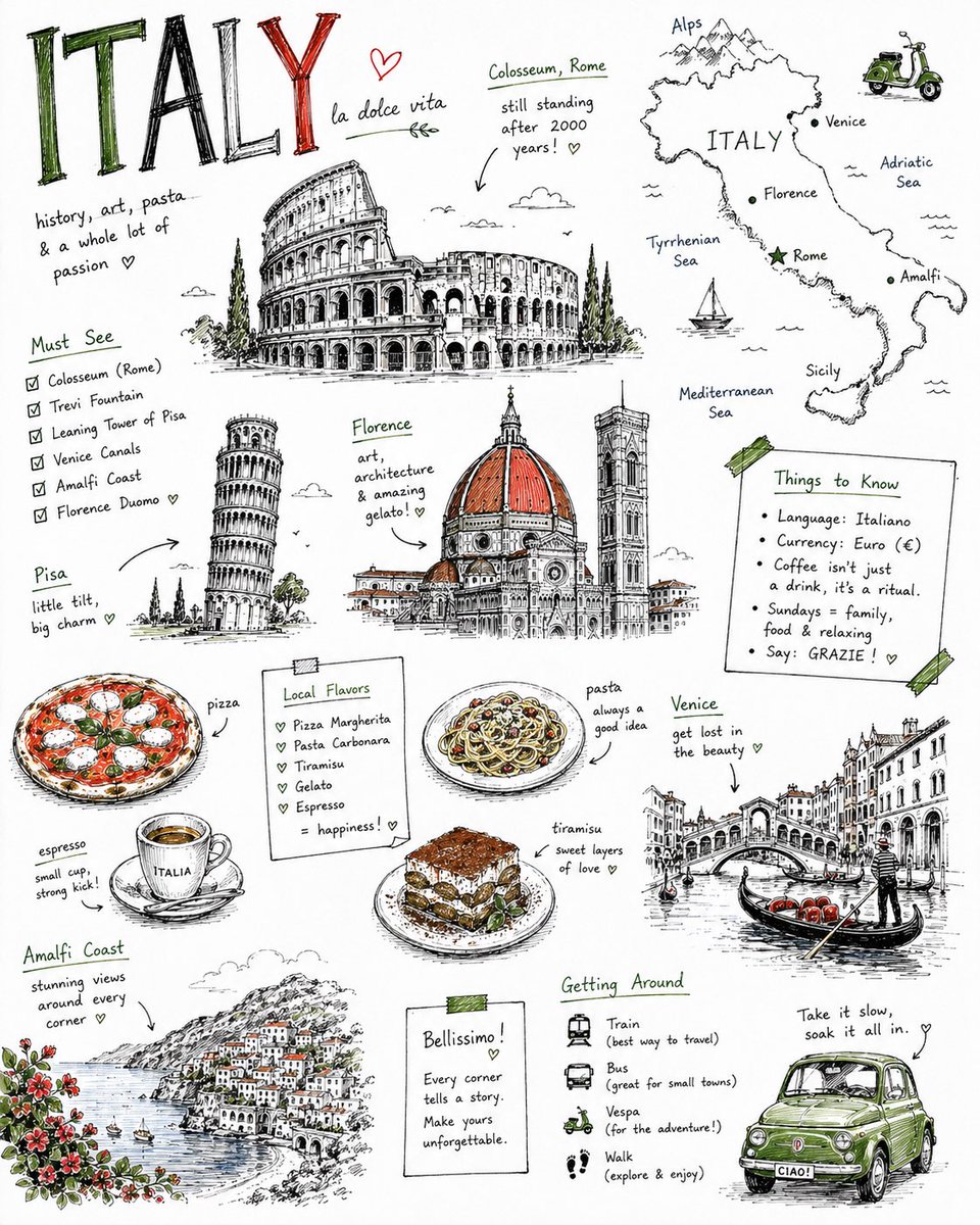 Hand-Drawn Travel Sketchbook Page