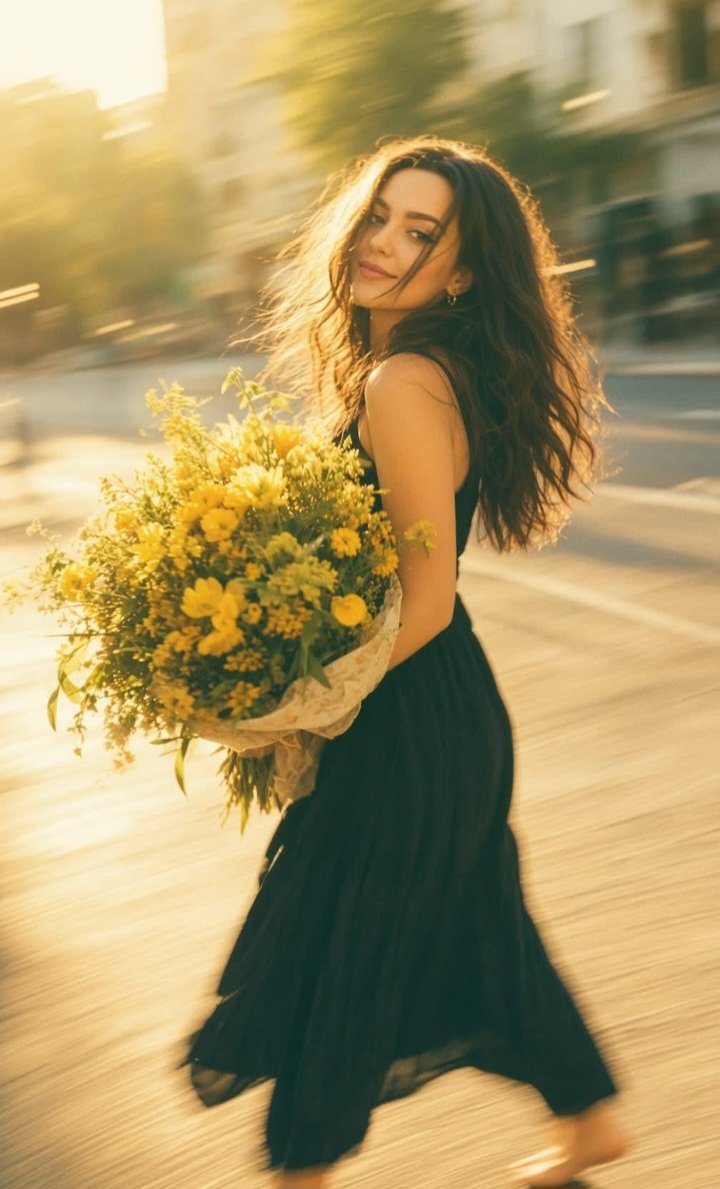 Golden Street Portrait with Bouquet